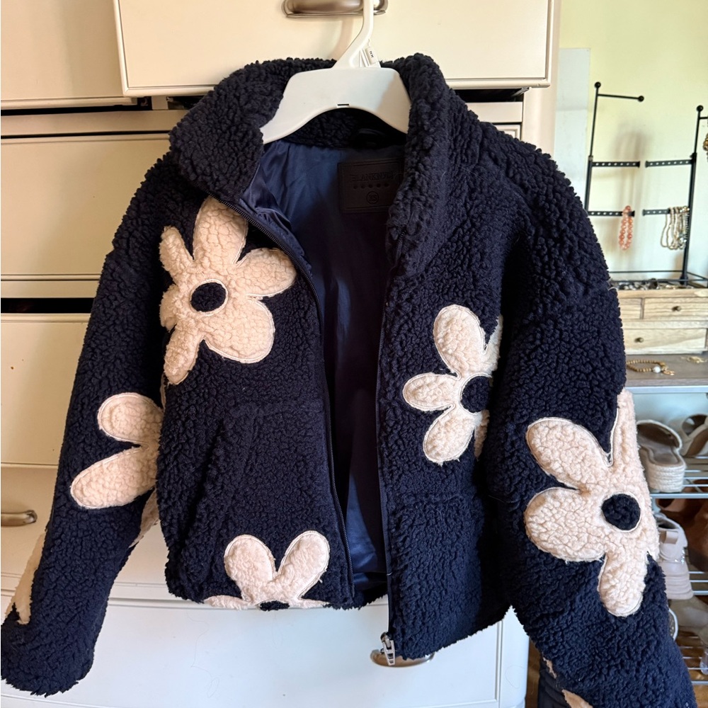 Free People Navy Teddy Jacket with Cream Floral Design